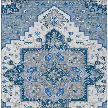 9' X 12' Blue Gray And Ivory Oriental Washable Indoor Outdoor Area Rug