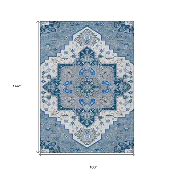 9' X 12' Blue Gray And Ivory Oriental Washable Indoor Outdoor Area Rug
