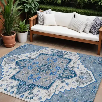 10' X 14' Blue Gray And Ivory Oriental Washable Indoor Outdoor Area Rug