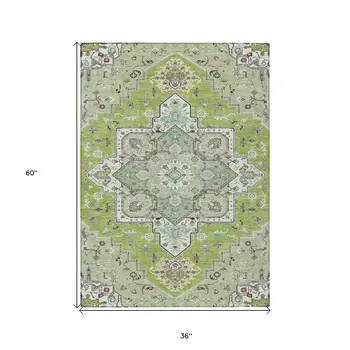 3' X 5' Green Ivory And Brown Oriental Washable Indoor Outdoor Area Rug