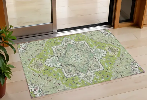 3' X 5' Green Ivory And Brown Oriental Washable Indoor Outdoor Area Rug