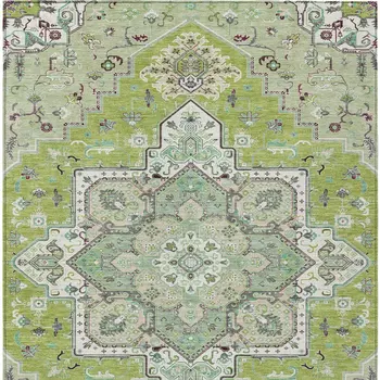 5' X 8' Green Ivory And Brown Oriental Washable Indoor Outdoor Area Rug