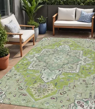 5' X 8' Green Ivory And Brown Oriental Washable Indoor Outdoor Area Rug