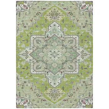 5' X 8' Green Ivory And Brown Oriental Washable Indoor Outdoor Area Rug