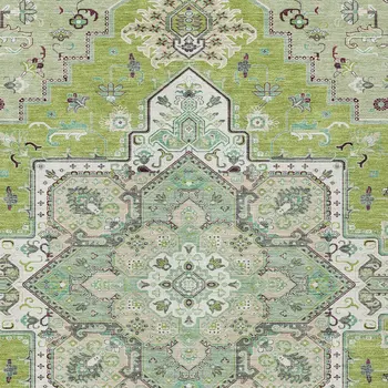 5' X 8' Green Ivory And Brown Oriental Washable Indoor Outdoor Area Rug