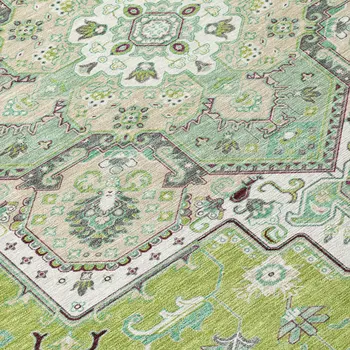 5' X 8' Green Ivory And Brown Oriental Washable Indoor Outdoor Area Rug