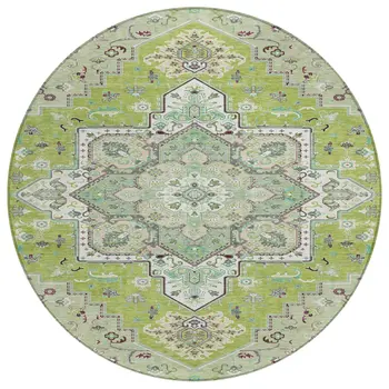 8' Green Ivory And Brown Round Oriental Washable Indoor Outdoor Area Rug