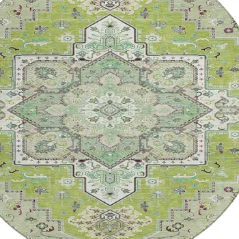 8' Green Ivory And Brown Round Oriental Washable Indoor Outdoor Area Rug