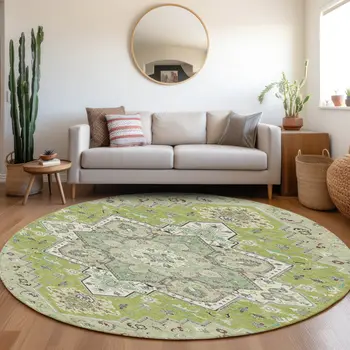 8' Green Ivory And Brown Round Oriental Washable Indoor Outdoor Area Rug