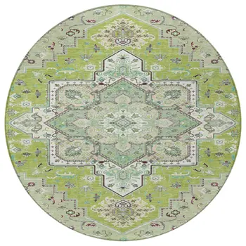 8' Green Ivory And Brown Round Oriental Washable Indoor Outdoor Area Rug