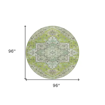 8' Green Ivory And Brown Round Oriental Washable Indoor Outdoor Area Rug