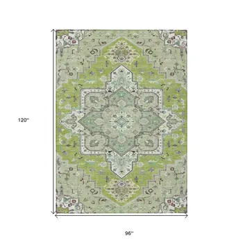 8' X 10' Green Ivory And Brown Oriental Washable Indoor Outdoor Area Rug