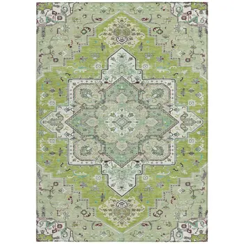 9' X 12' Green Ivory And Brown Oriental Washable Indoor Outdoor Area Rug