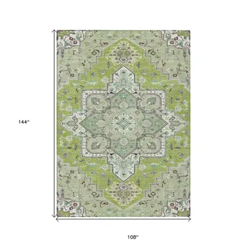 9' X 12' Green Ivory And Brown Oriental Washable Indoor Outdoor Area Rug