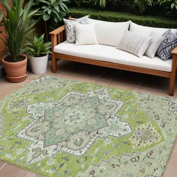 9' X 12' Green Ivory And Brown Oriental Washable Indoor Outdoor Area Rug