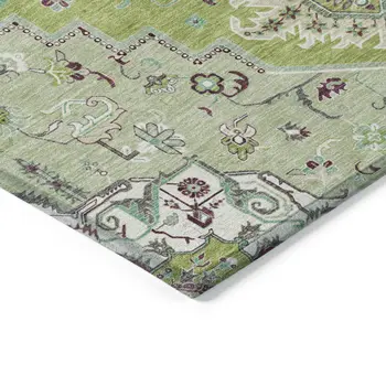 9' X 12' Green Ivory And Brown Oriental Washable Indoor Outdoor Area Rug