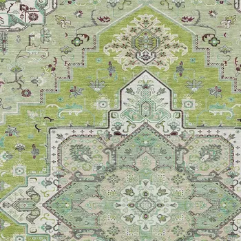 9' X 12' Green Ivory And Brown Oriental Washable Indoor Outdoor Area Rug