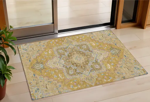 3' X 5' Gold Beige And Blue Oriental Washable Indoor Outdoor Area Rug