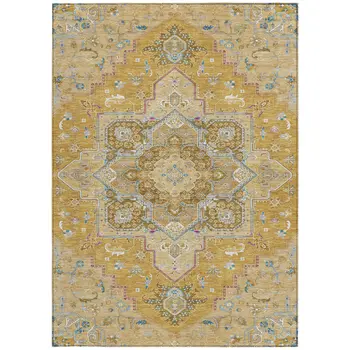 5' X 8' Gold Beige And Blue Oriental Washable Indoor Outdoor Area Rug