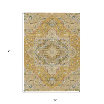 5' X 8' Gold Beige And Blue Oriental Washable Indoor Outdoor Area Rug