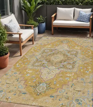 5' X 8' Gold Beige And Blue Oriental Washable Indoor Outdoor Area Rug
