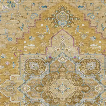 5' X 8' Gold Beige And Blue Oriental Washable Indoor Outdoor Area Rug