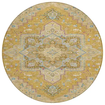 8' Gold Beige And Blue Round Oriental Washable Indoor Outdoor Area Rug