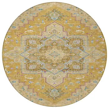 8' Gold Beige And Blue Round Oriental Washable Indoor Outdoor Area Rug