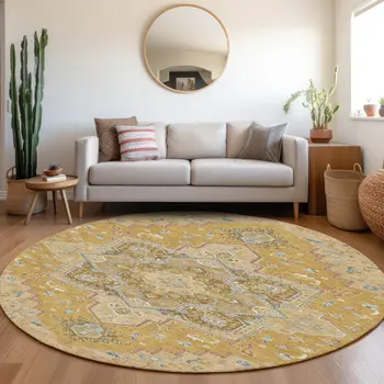 8' Gold Beige And Blue Round Oriental Washable Indoor Outdoor Area Rug