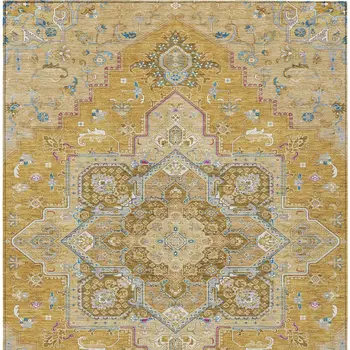8' X 10' Gold Beige And Blue Oriental Washable Indoor Outdoor Area Rug