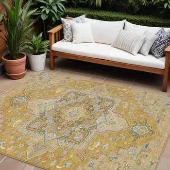 8' X 10' Gold Beige And Blue Oriental Washable Indoor Outdoor Area Rug
