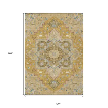 10' X 14' Gold Beige And Blue Oriental Washable Indoor Outdoor Area Rug