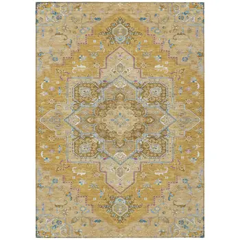10' X 14' Gold Beige And Blue Oriental Washable Indoor Outdoor Area Rug