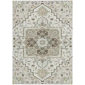 3' X 5' Ivory And Brown Oriental Washable Indoor Outdoor Area Rug