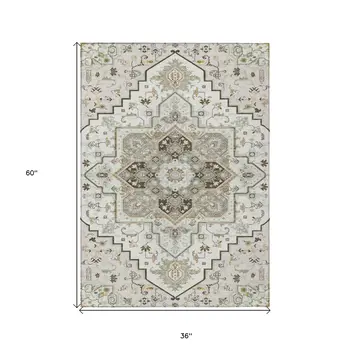 3' X 5' Ivory And Brown Oriental Washable Indoor Outdoor Area Rug