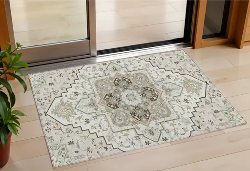 3' X 5' Ivory And Brown Oriental Washable Indoor Outdoor Area Rug