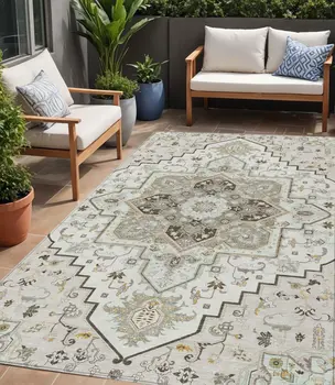 5' X 8' Ivory And Brown Oriental Washable Indoor Outdoor Area Rug