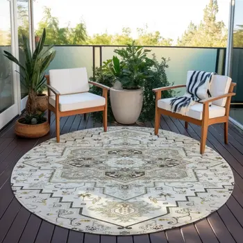 8' Ivory And Brown Round Oriental Washable Indoor Outdoor Area Rug