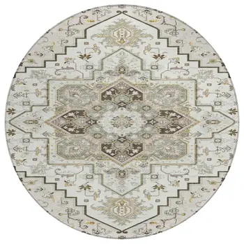 8' Ivory And Brown Round Oriental Washable Indoor Outdoor Area Rug