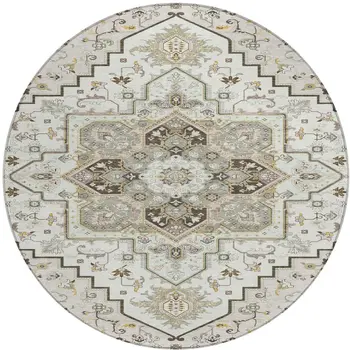 8' Ivory And Brown Round Oriental Washable Indoor Outdoor Area Rug