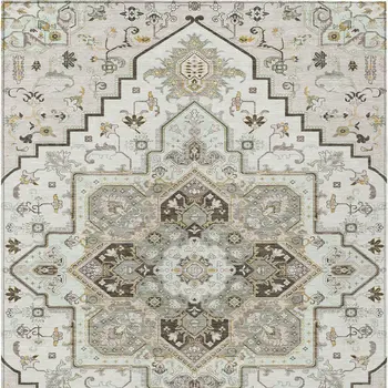 9' X 12' Ivory And Brown Oriental Washable Indoor Outdoor Area Rug