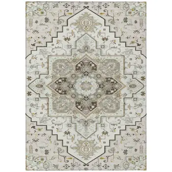 9' X 12' Ivory And Brown Oriental Washable Indoor Outdoor Area Rug