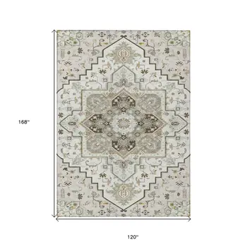 10' X 14' Ivory And Brown Oriental Washable Indoor Outdoor Area Rug