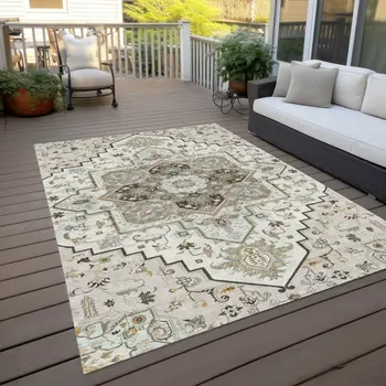 10' X 14' Ivory And Brown Oriental Washable Indoor Outdoor Area Rug
