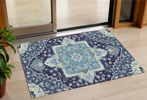 3' X 5' Navy Blue Ivory And Black Oriental Washable Indoor Outdoor Area Rug