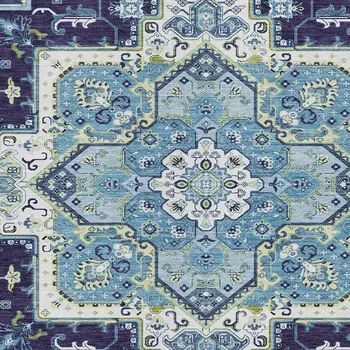 3' X 5' Navy Blue Ivory And Black Oriental Washable Indoor Outdoor Area Rug