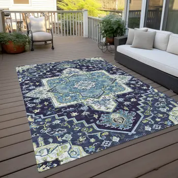 5' X 8' Navy Blue Ivory And Black Oriental Washable Indoor Outdoor Area Rug