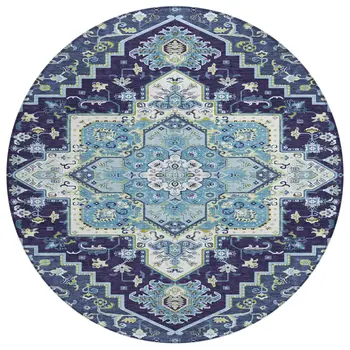 8' Navy Blue Ivory And Black Round Oriental Washable Indoor Outdoor Area Rug