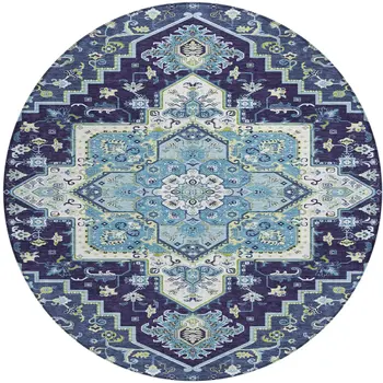 8' Navy Blue Ivory And Black Round Oriental Washable Indoor Outdoor Area Rug