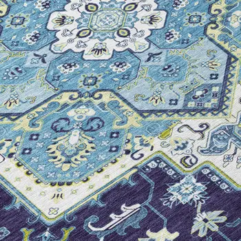 8' Navy Blue Ivory And Black Round Oriental Washable Indoor Outdoor Area Rug